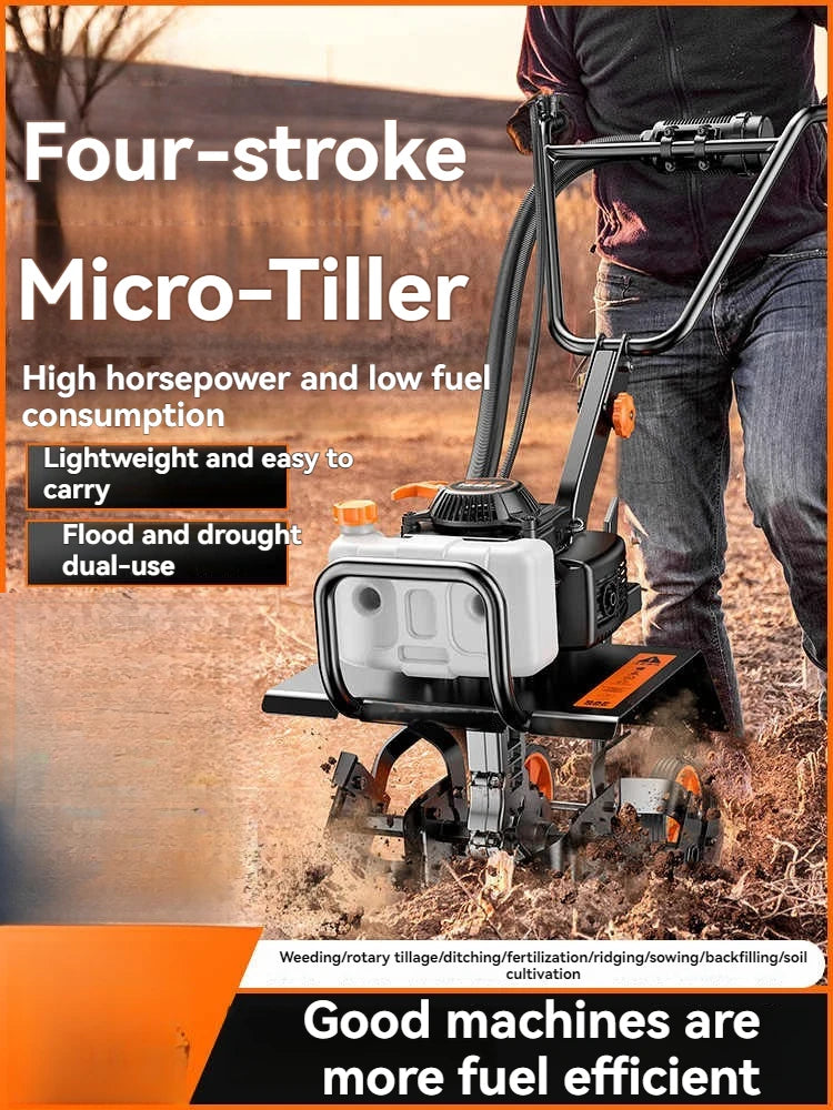 4-in-1 Commercial Micro Gasoline Tiller -4-Stroke Soil Cultivator for Loosening/Trenching/Weeding w/Wheel Kit
