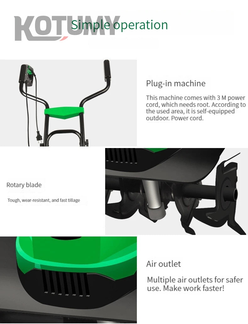 1500W Electric Scarifier Micro Tillage Plowing Machine Orchard Garden Lawn Mower Loosening Equipment