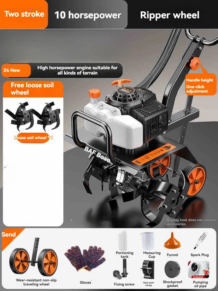 4-in-1 Commercial Micro Gasoline Tiller -4-Stroke Soil Cultivator for Loosening/Trenching/Weeding w/Wheel Kit