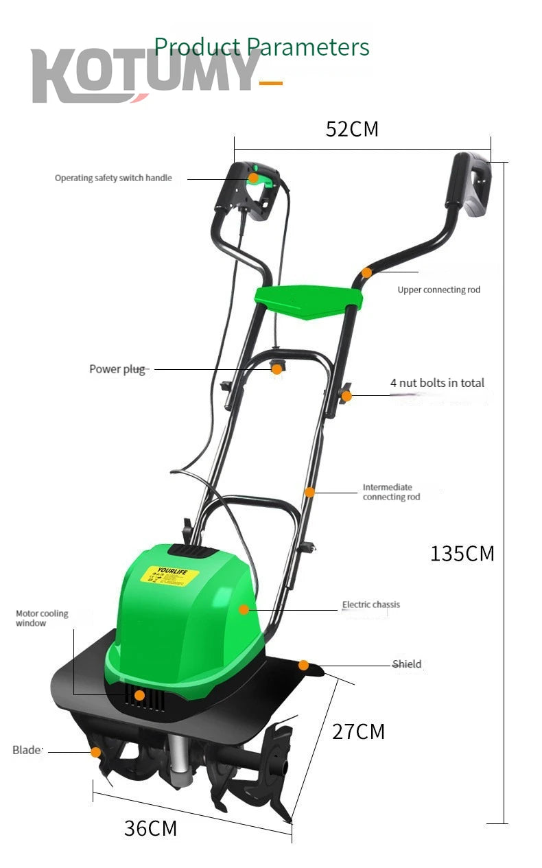 1500W Electric Scarifier Micro Tillage Plowing Machine Orchard Garden Lawn Mower Loosening Equipment