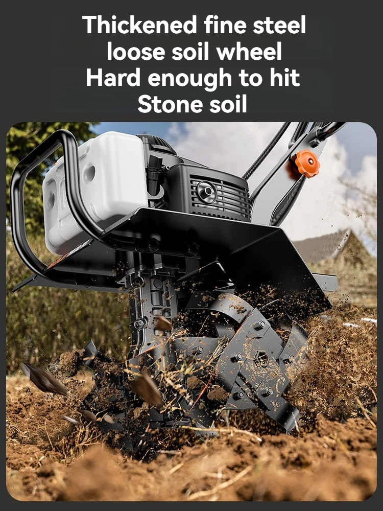 4-in-1 Commercial Micro Gasoline Tiller -4-Stroke Soil Cultivator for Loosening/Trenching/Weeding w/Wheel Kit