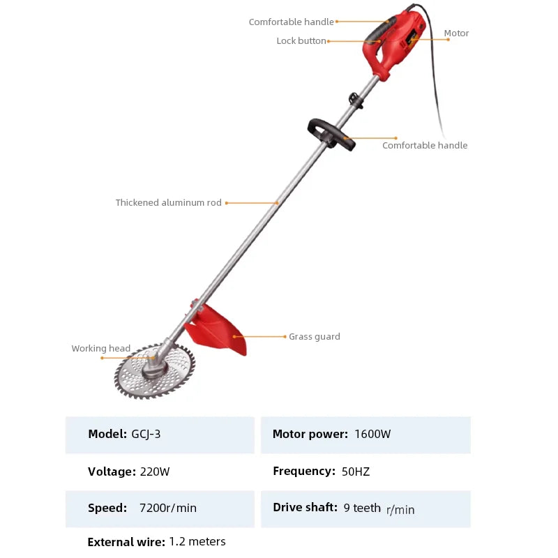 220V Electric Lawn Mower  Multi-function Lawn Trimmer Weeder High Branch Saw Pruning Shears Suitable for Home Garden Use