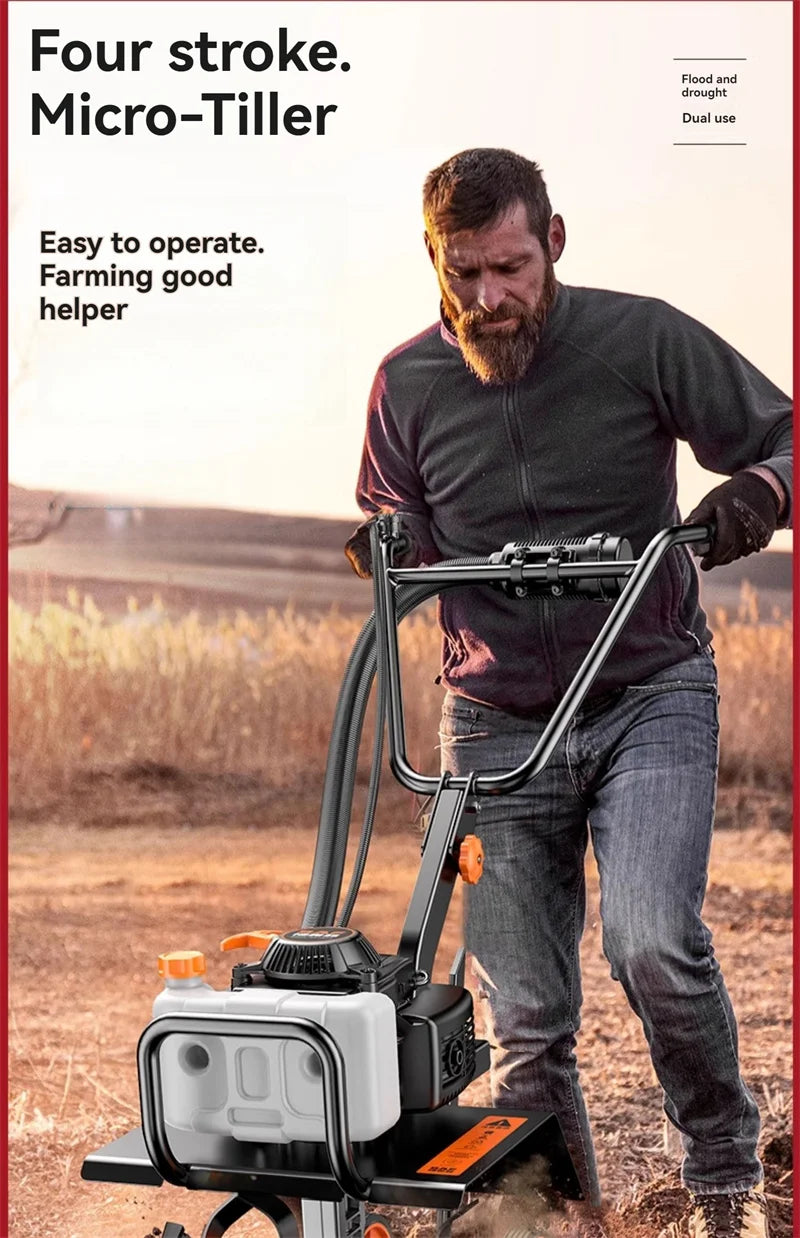 4-in-1 Commercial Micro Gasoline Tiller -4-Stroke Soil Cultivator for Loosening/Trenching/Weeding w/Wheel Kit